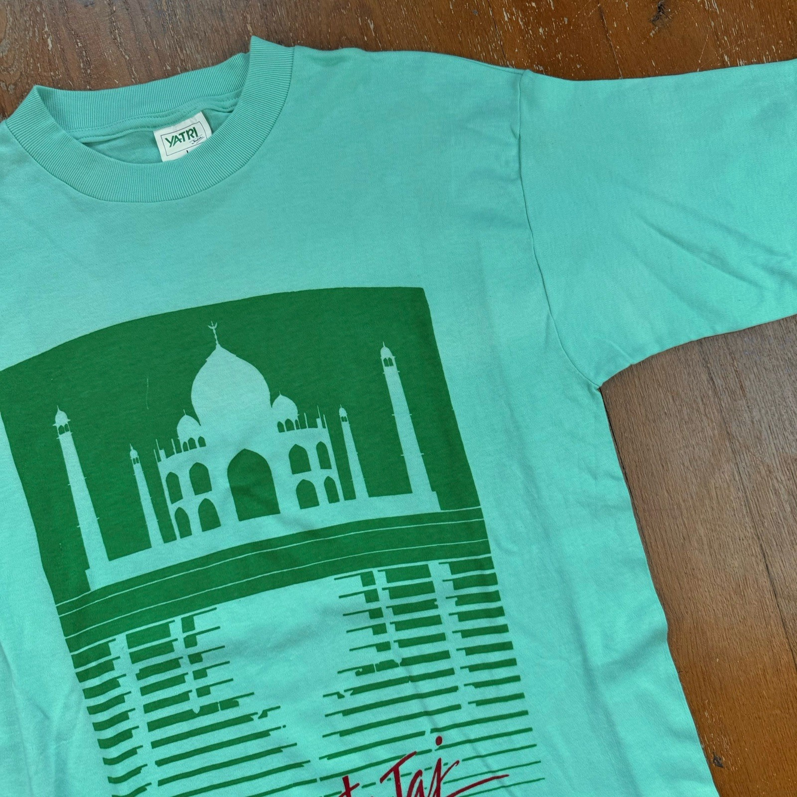 Vintage Yatri India Tag Mahal Cyan Single Stitch Tourist T Shirt Size Large 90s gallery
