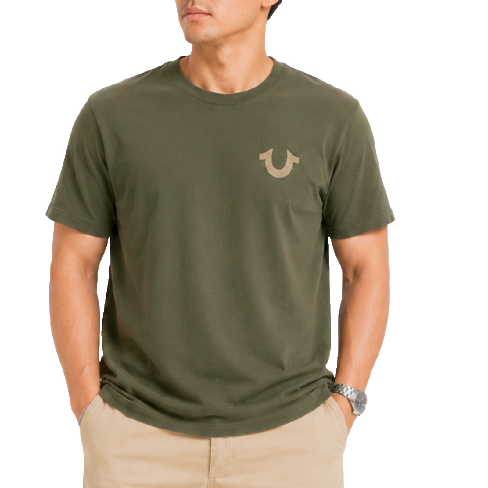 True Religion Mens T Shirt Medium Olive Green Raised Graphic Buddha Logo Tee NWT gallery