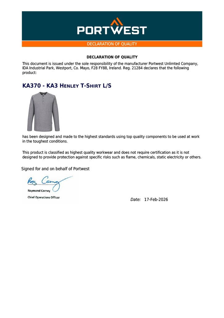 Portwest KA370 KA3 High Quality Cotton Long Sleeved Henley T-Shirt L/S Zoom Grey gallery