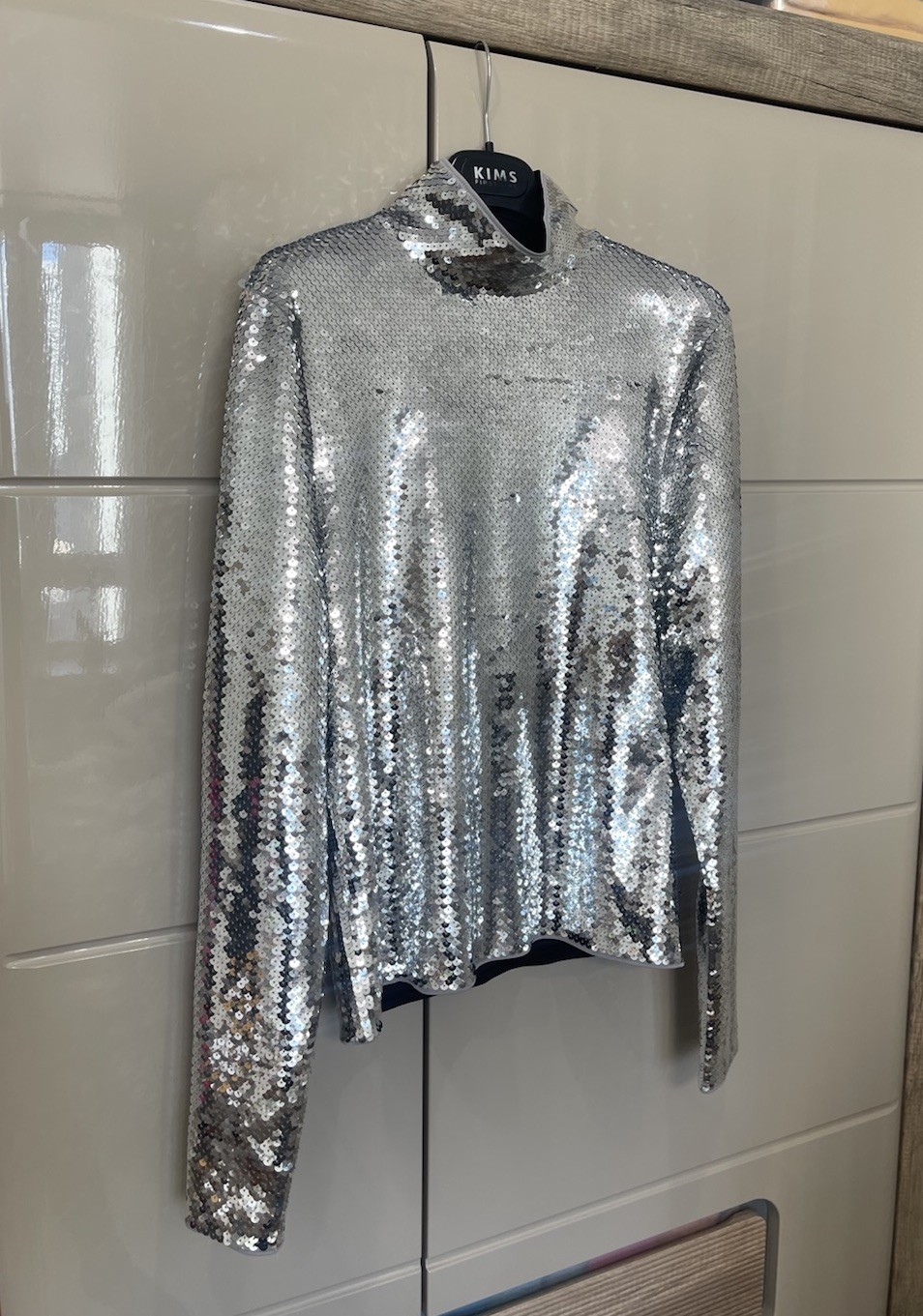 Paco Rabanne X H&M Men’s Silver 1/4 Zip Sequined Top T-Shirt Sweater Sz M gallery