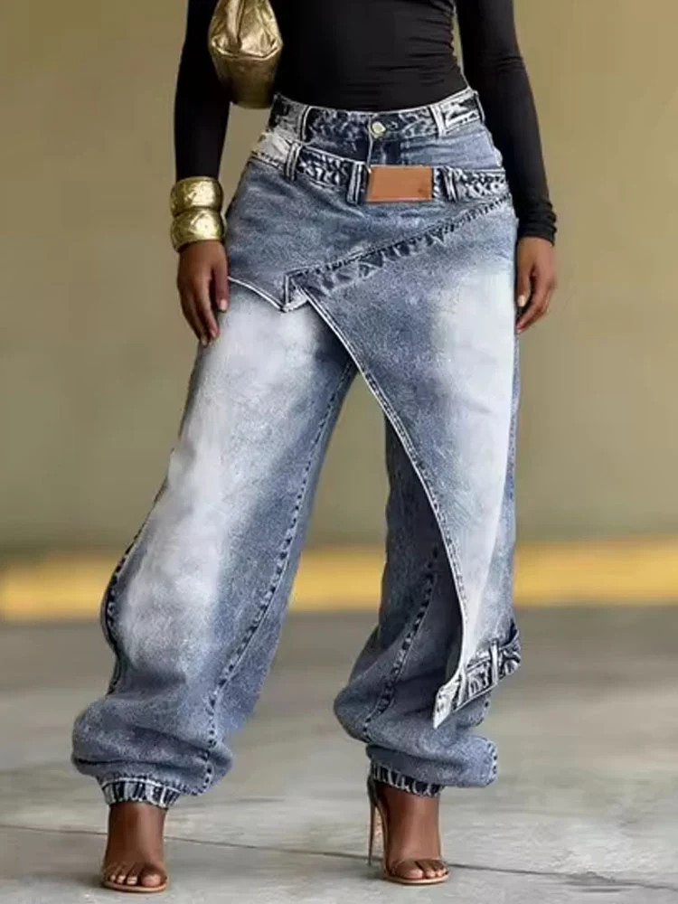 new Ethnic Print Wide Leg Jeans – Asymmetric High Waist Denim gallery