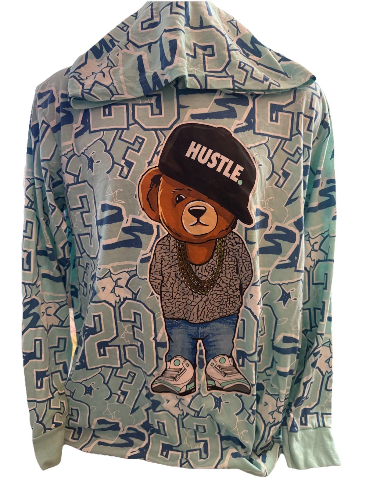 OG Legend 23 Men’s L Turquoise Long Sleeve Hooded Teddy Bear Drip Graphic Tee gallery