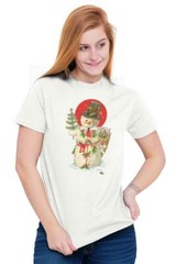 Snowman Merry Christmas Tree Winter Scene Womens Short Sleeve Crewneck Tee