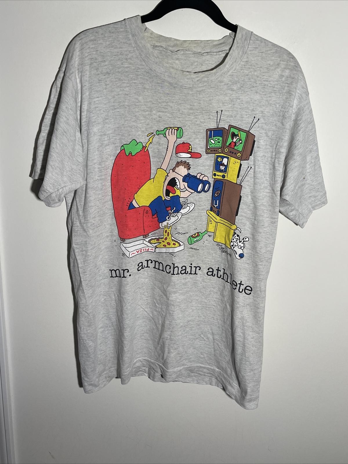 Vintage Jim Benton Shirt Mr Armchair Athlete TV Funny SZ L Gray USA Made Single