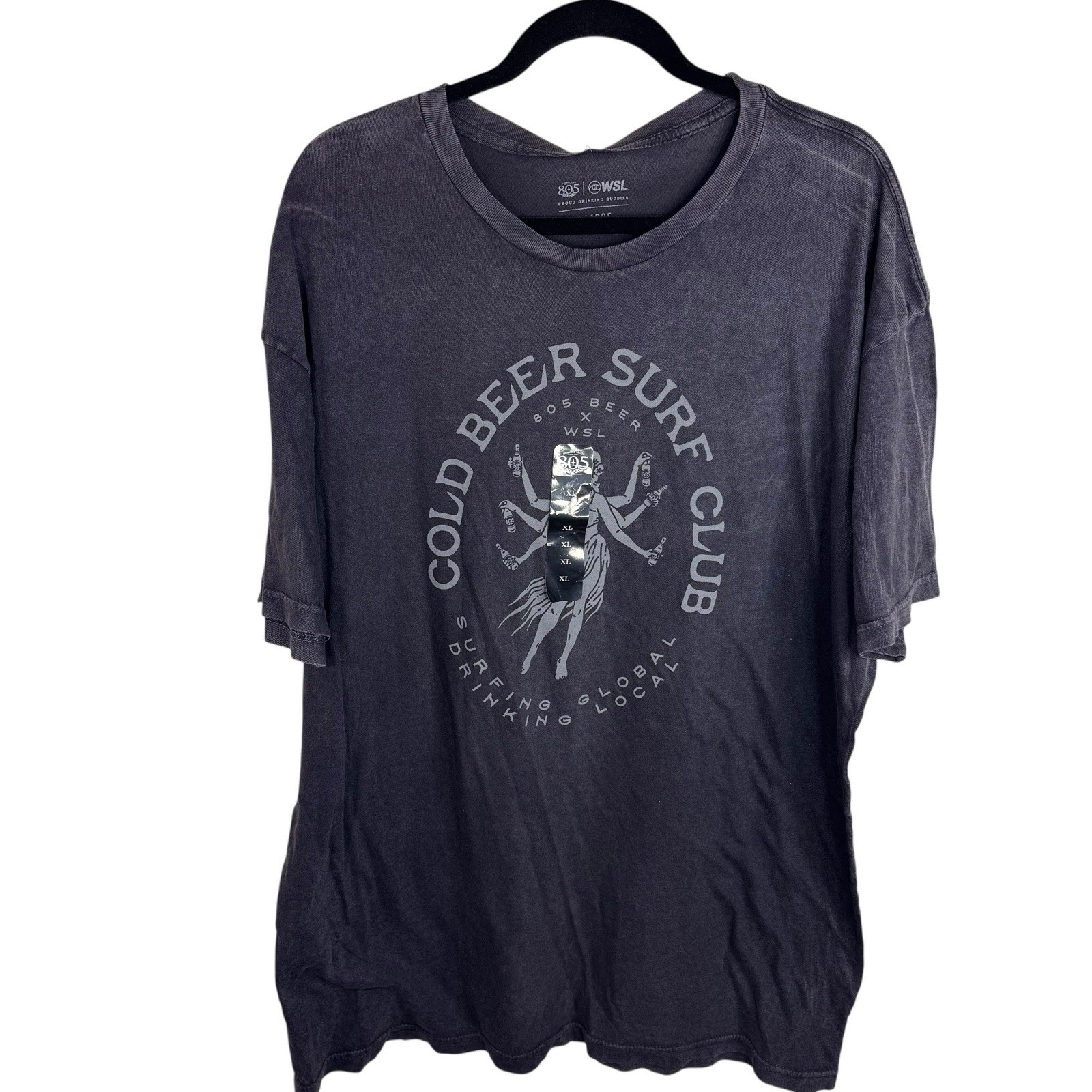 805 WSL Cold Beer Surf Club Mineral Wash T-Shirt Mens XL Black NWT
