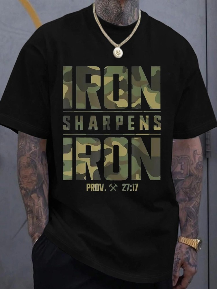 Iron Sharpens Iron Christian Bible Verse Graphic T-Shirt Camouflage Faith Tee gallery