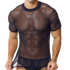 Men Daily Undershirts T-shirts Mesh Sheer Casual Tops Glitter Short Sleeve Tees