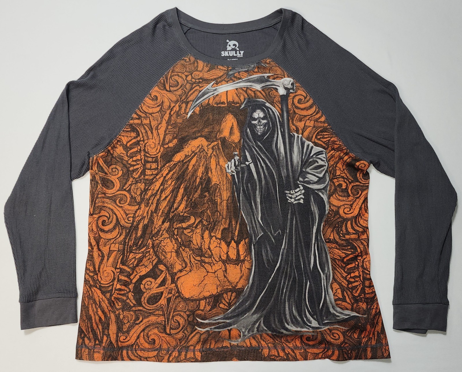 Skully Grim Reaper Thermal Long Sleeve TShirt Charcoal Orange Halloween XL 46-48