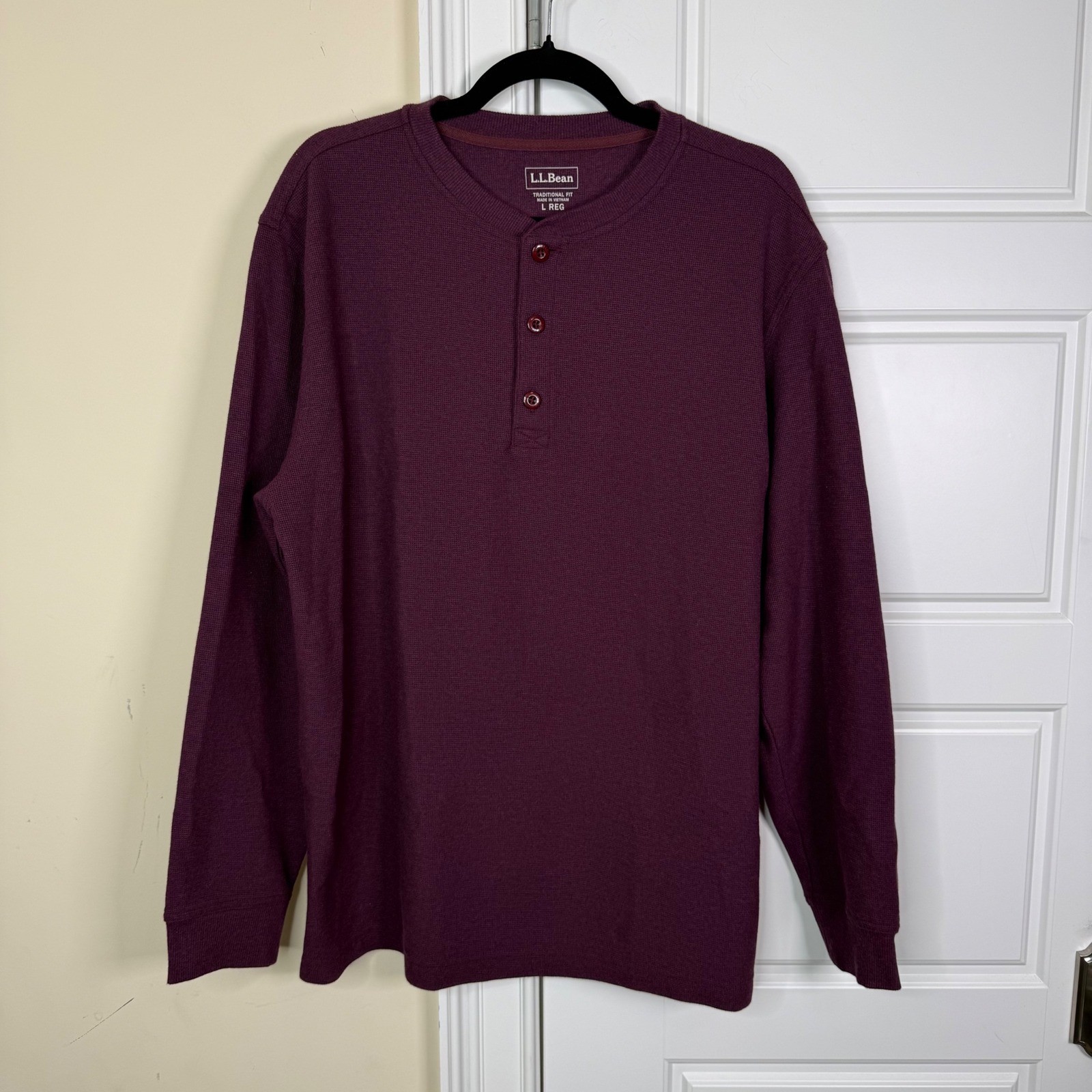LL Bean Henley Mens L Burgundy Waffle Knit Long Sleeve Cotton Shirt 502224 gallery