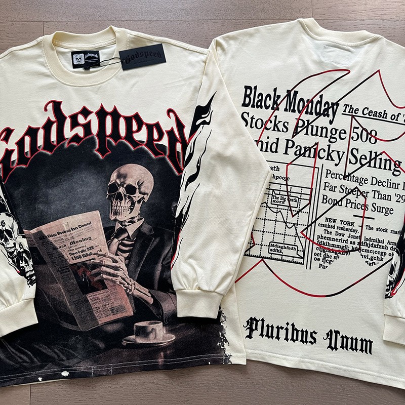 New Godspeed Skeleton Reading newspapers printed Men's Long Sleeve T-shirt gallery