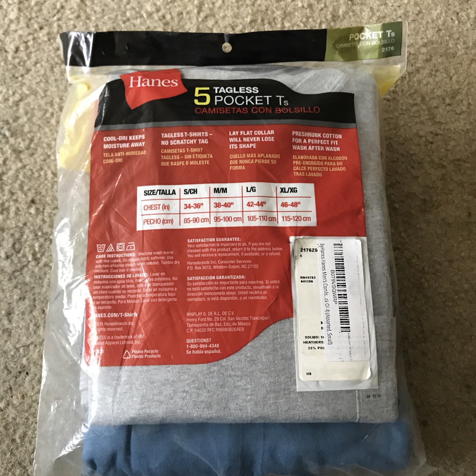 ***BRAND-NEW*** 5 PAK Hanes MensTagless Pocket T-shirts Multi Color Crew Neck gallery