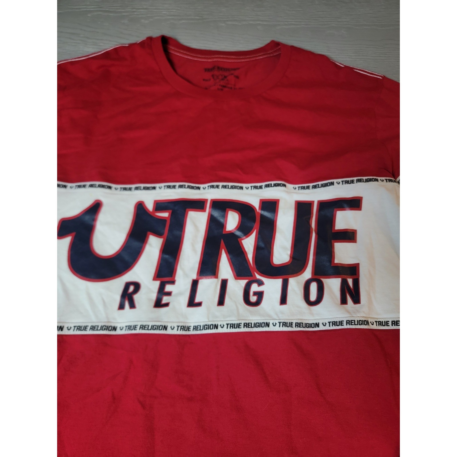 True Religion Mens Long Sleeve T-Shirt Red White Colorblock Logo Graphic Large gallery