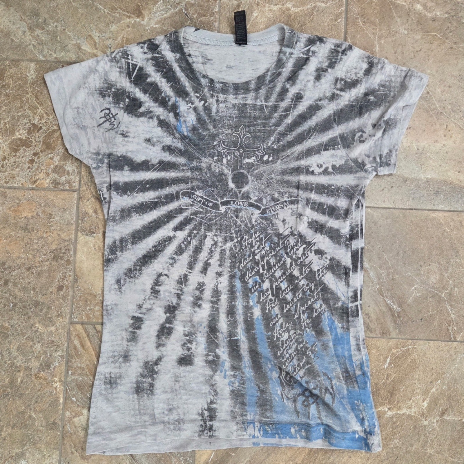 Women Large Cross Graphic T Shirt Tie Dye Religious Gift of Love Eternal Script gallery