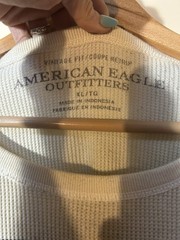American Eagle Men’s XL Striped Waffle Knit Shirt Ivory Navy Blue Cotton Vintage