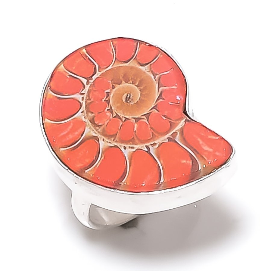 Natural Ammonite Fossil Gemstone 925 Sterling Silver Jewelry Ring Size 8 Gift i7