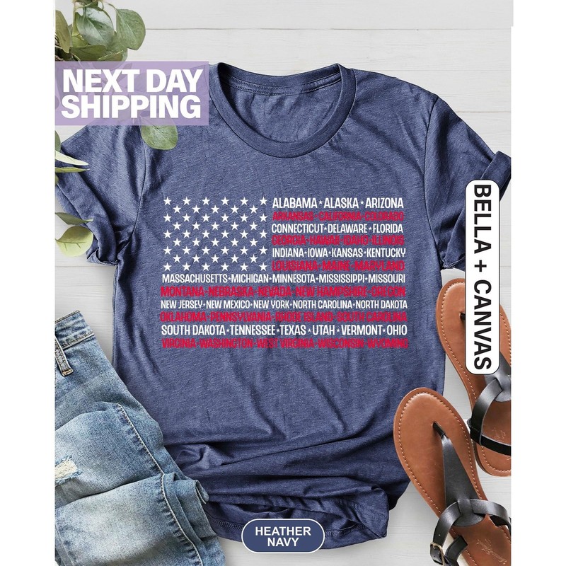 Vintage American Flag Tee with States Fourth of July Tees United States T Shirt