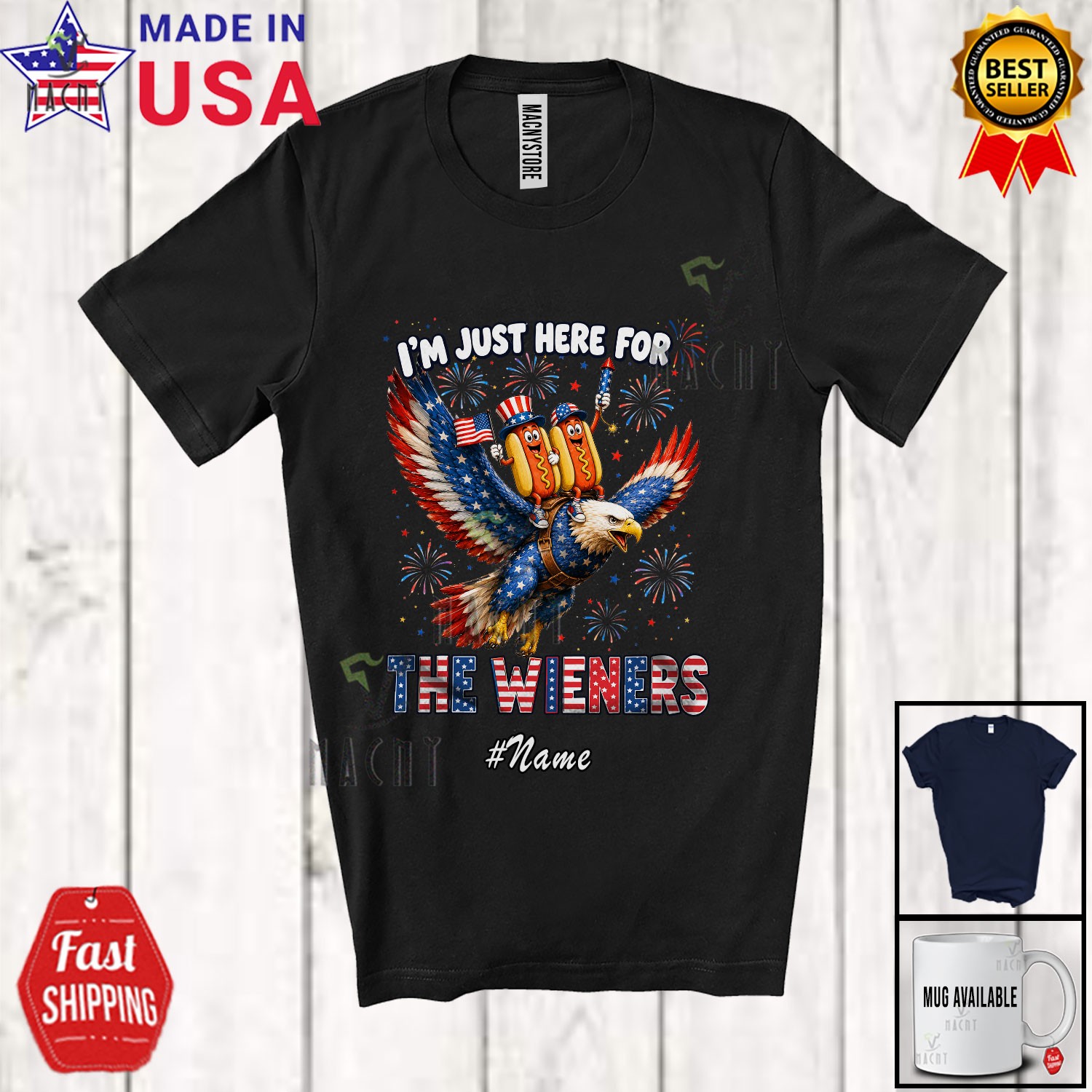 Custom Name Here For Wieners; 4th Of July Hotdog Riding Eagle Patriotic T-Shirt gallery