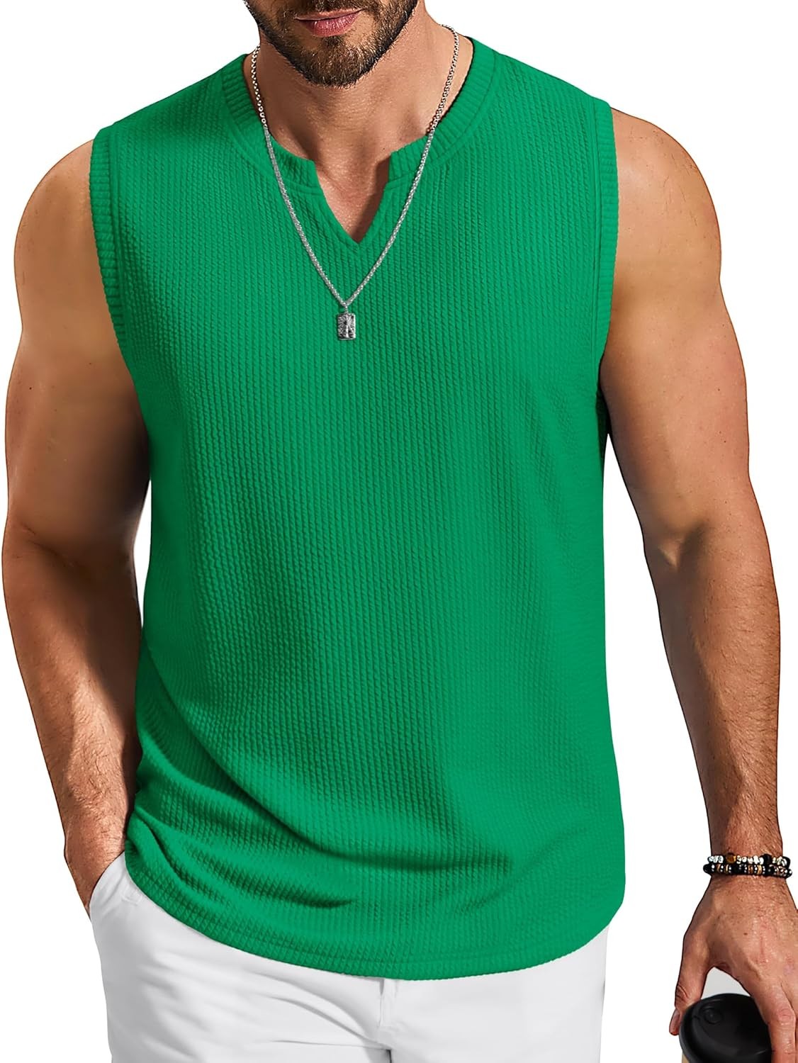Men V-Neck Knit Tank Tops Textured Jacquard Sleeveless Summer Beach Casual Shirt gallery
