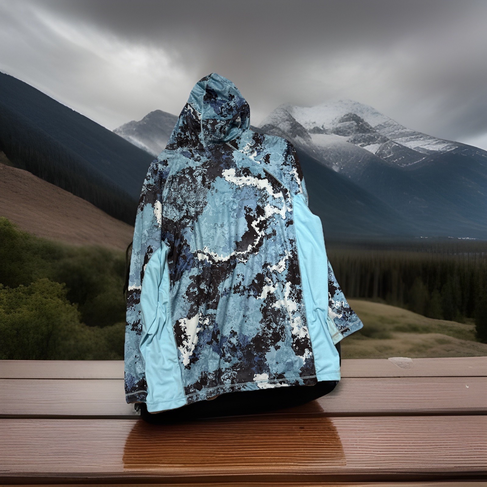 Habit Mens 2XL Summit View Hooded UPF 50+ Performance Layer Veil Camo Aqua Blue gallery