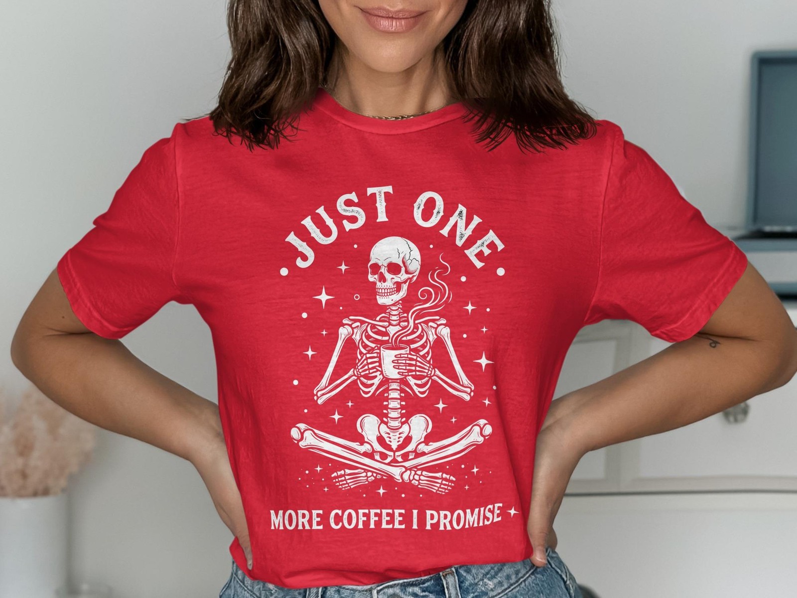 Just One More Coffee I Promise T-Shirt, Funny Skeleton Coffee Lover Tee, Spooky gallery