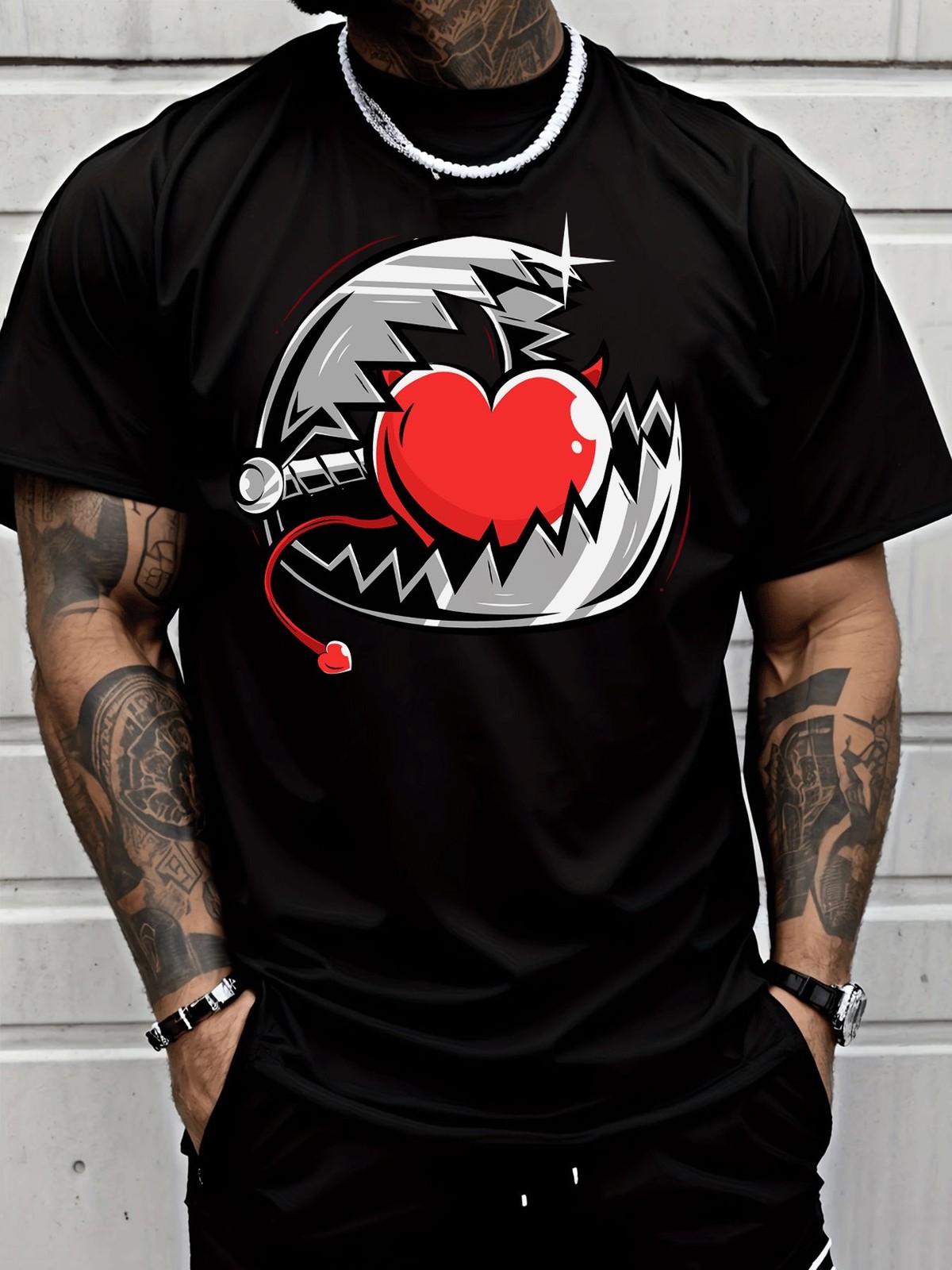 Street Style T-Shirt with Red Heart Devil Horns Tail Star Broken Circle Graphic gallery