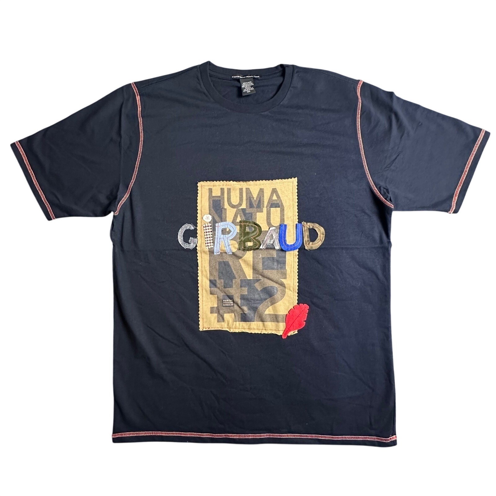 Vintage MARITHE FRANCOIS GIRBAUD Dark Indigo Cotton T Shirt 2XL Graphic Patch gallery
