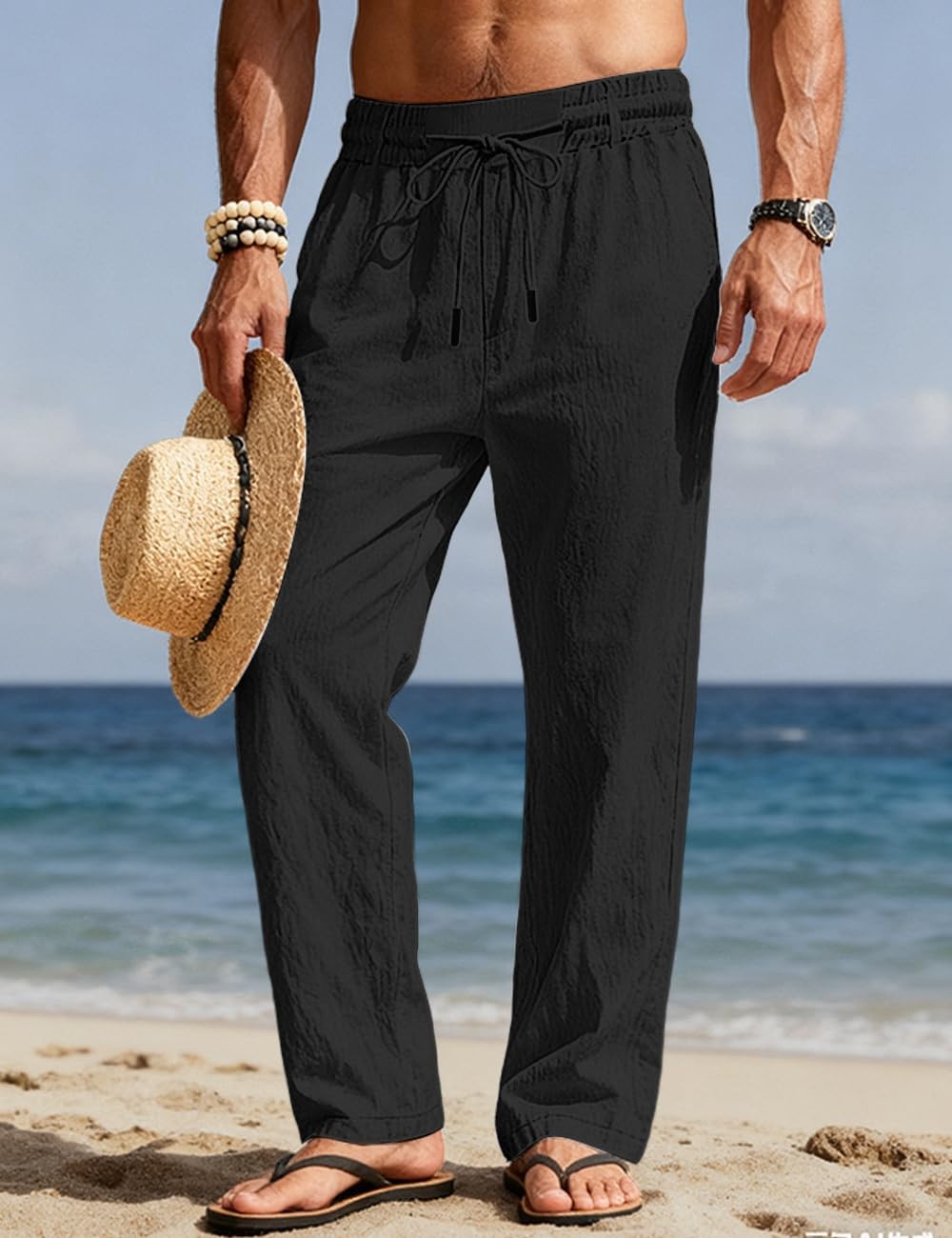 Men's Casual Linen Pants Elastic Waist Drawstring Summer Beach Lightweight Tr... gallery