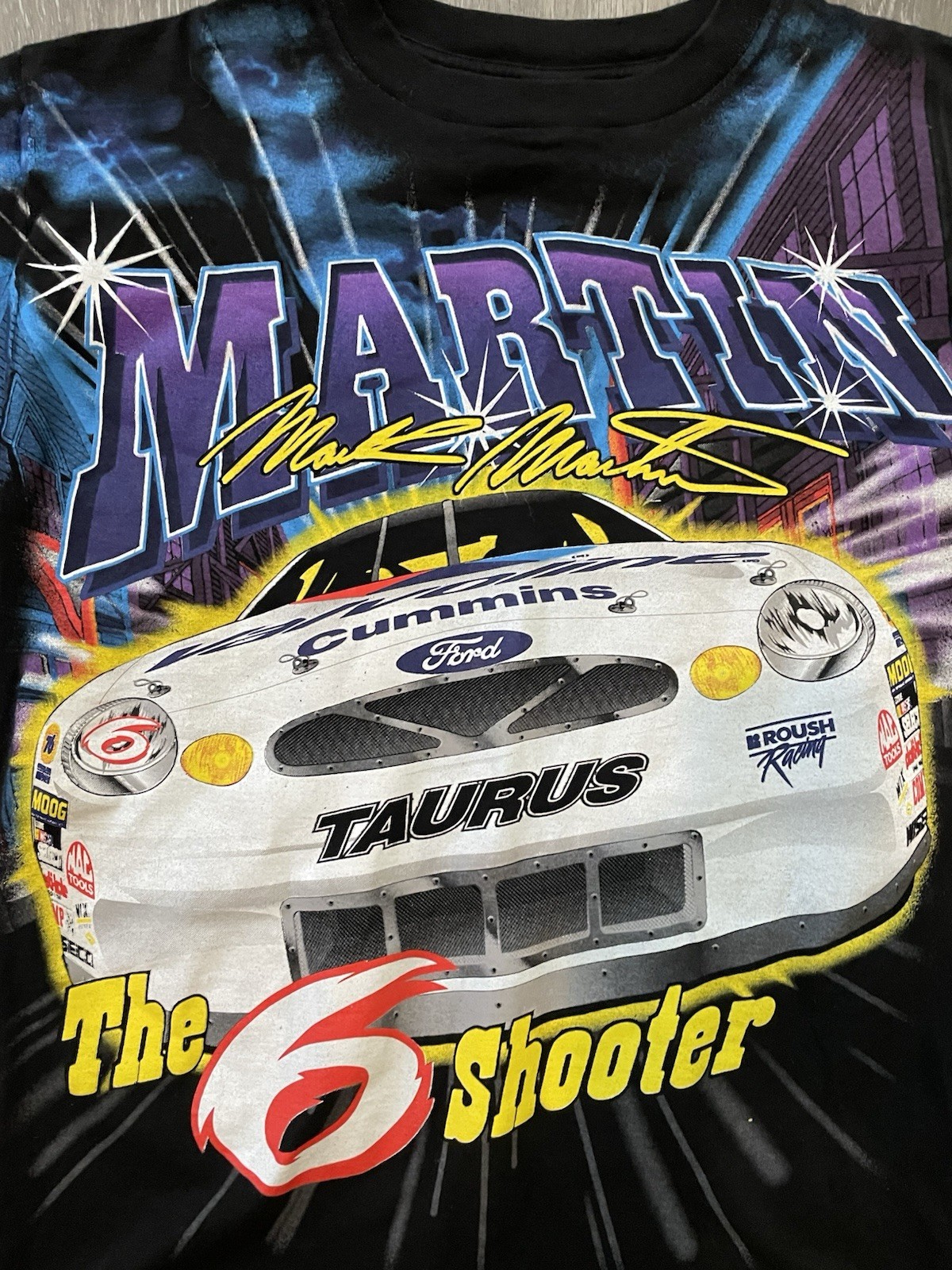 Mark Martin NASCAR - The 6 Shooter - TULTEX Silk Screen T Shirt Size L VTG 1999 gallery