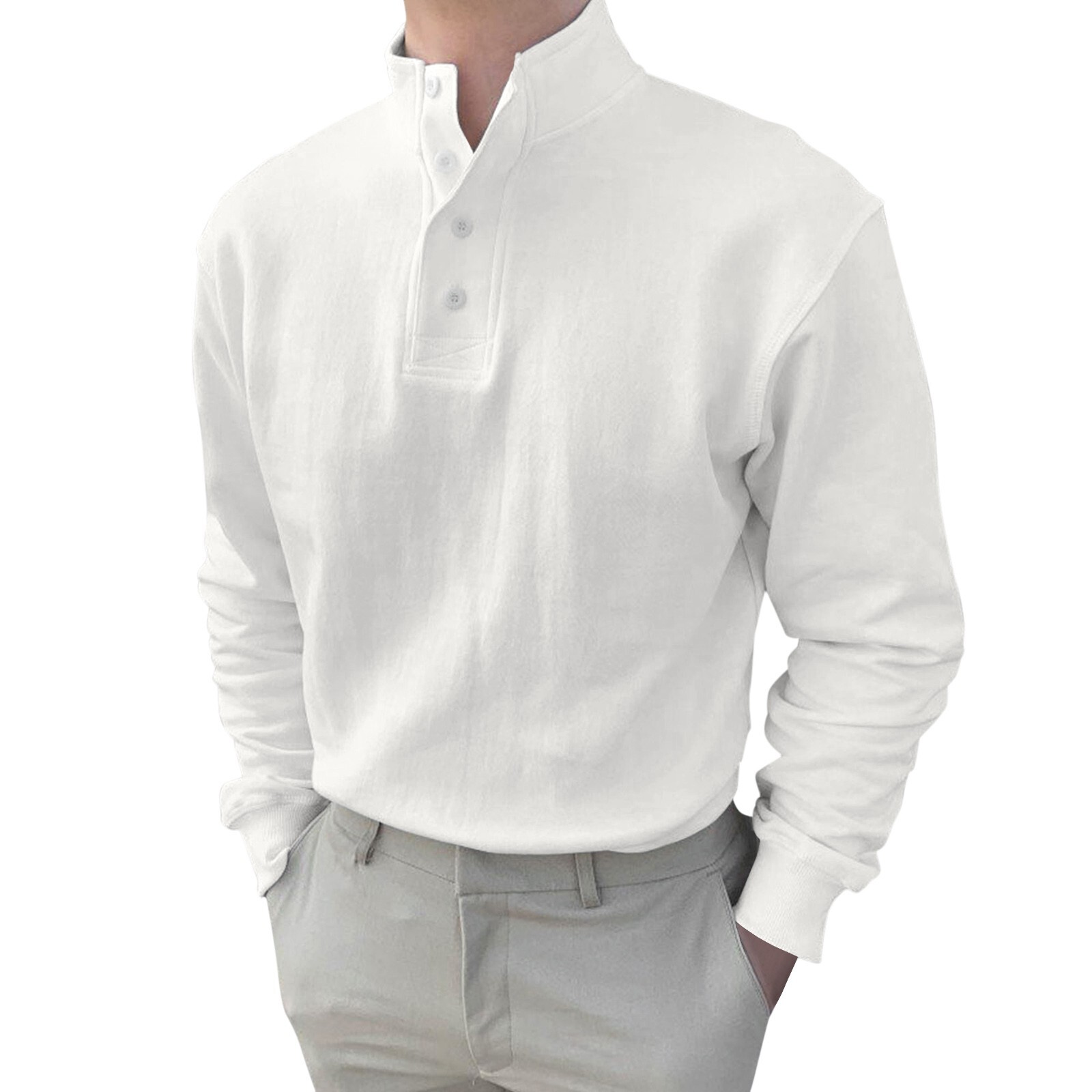 Men Button High Neck Stand Collar Solid Blouse Long Sleeve Top Cotton Shirt gallery