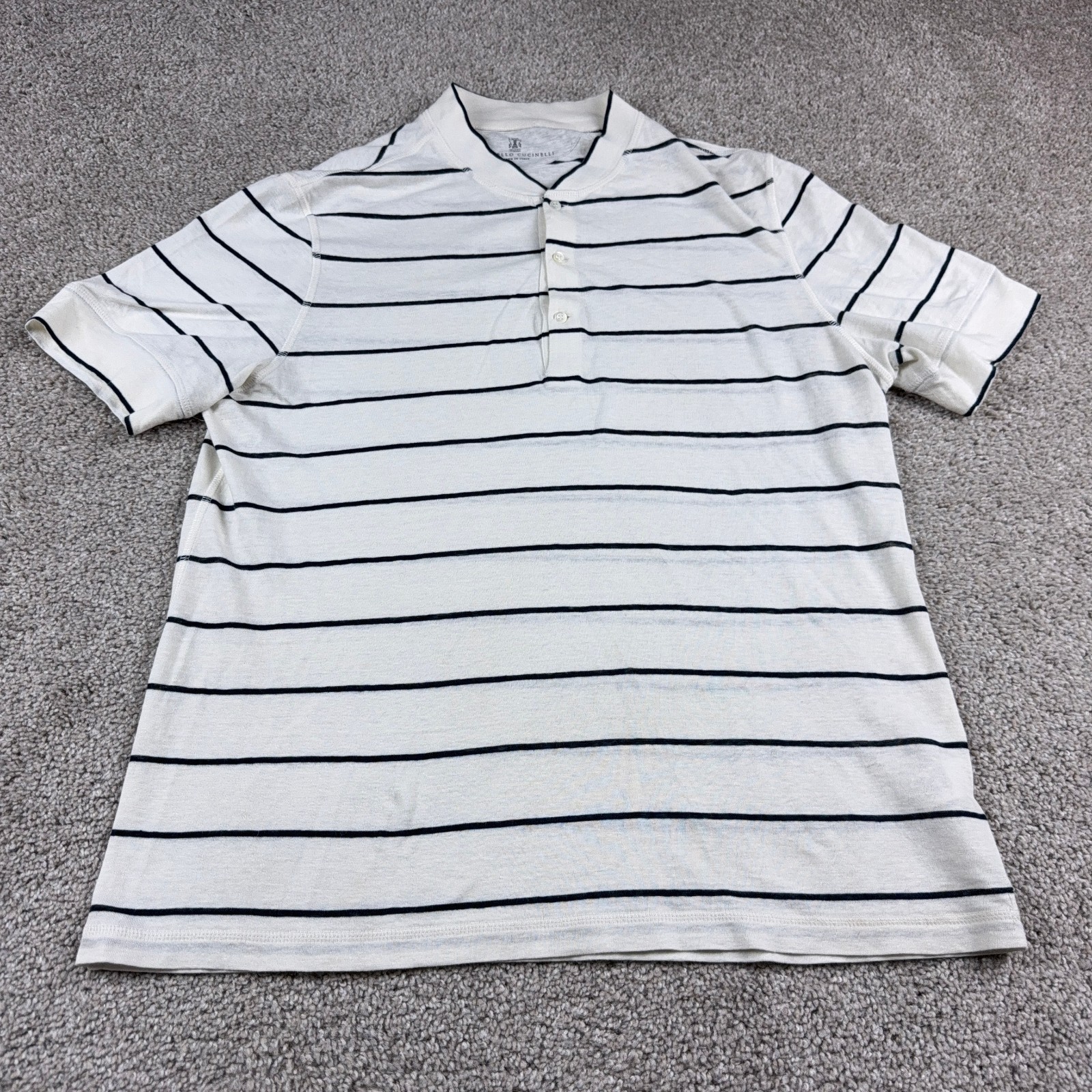 Brunello Cucinelli Shirt Mens Medium White Black Striped Cotton Linen Blend