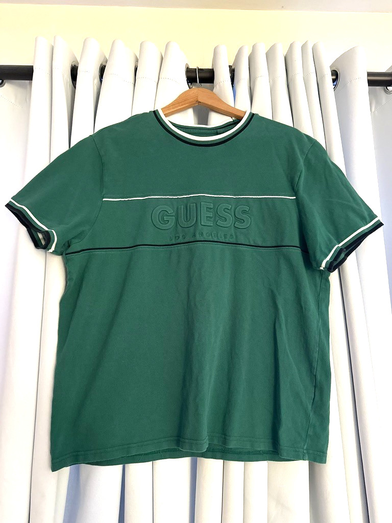 Guess Los Angeles Men’s XL Green Tonal Logo Tee Tipped Ribbed Cuffs Vtg