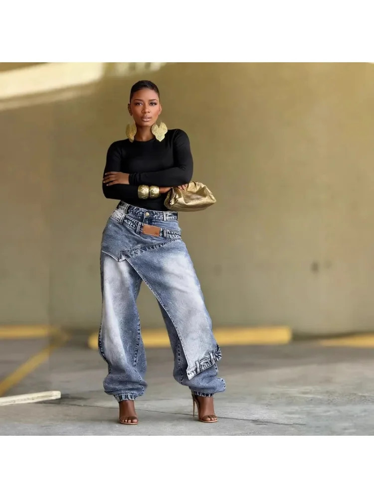 new Ethnic Print Wide Leg Jeans – Asymmetric High Waist Denim gallery