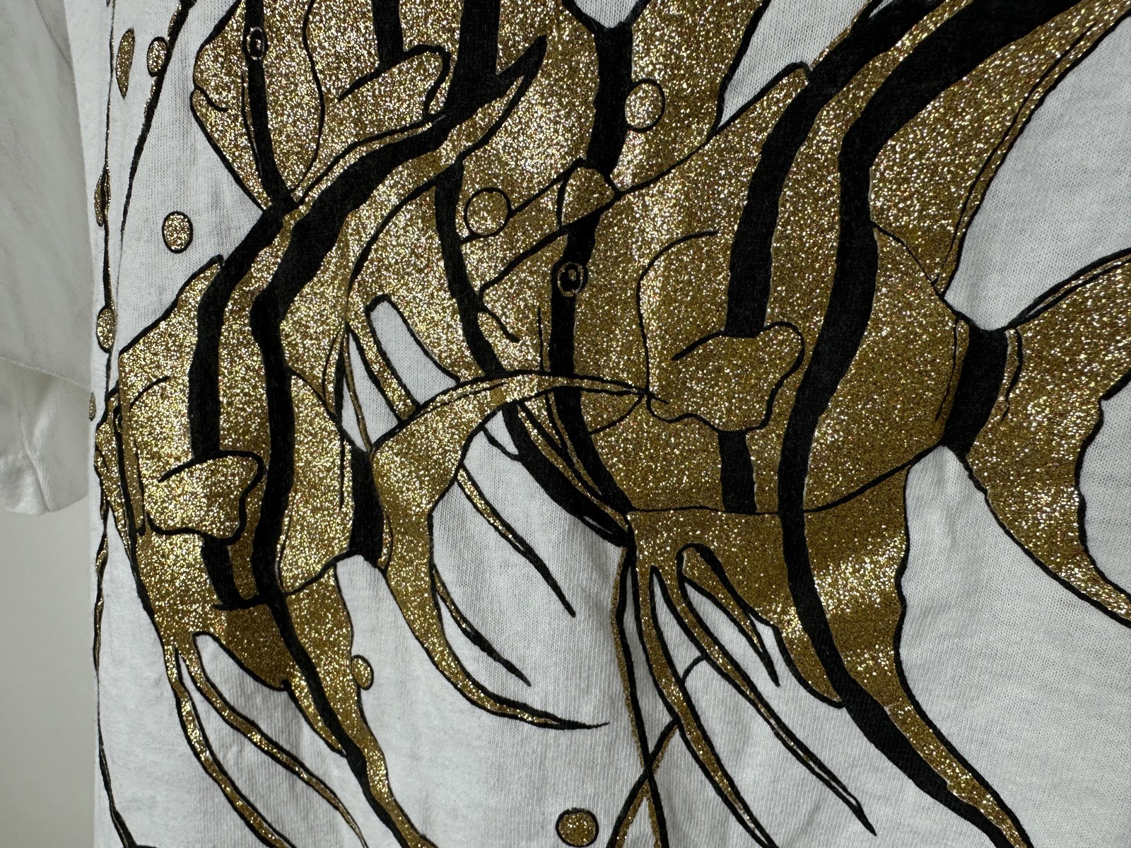 Vintage 90s Angelfish Shirt XL Fish Tropical Beach Gold Black Diamond Dust USA gallery