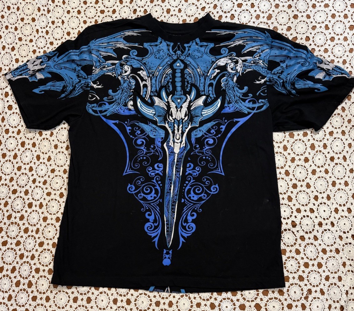 Vintage Y2K Raw Blue Grunge AOP Dragon Sword Gothic Goth Cyber Emo Punk Shirt