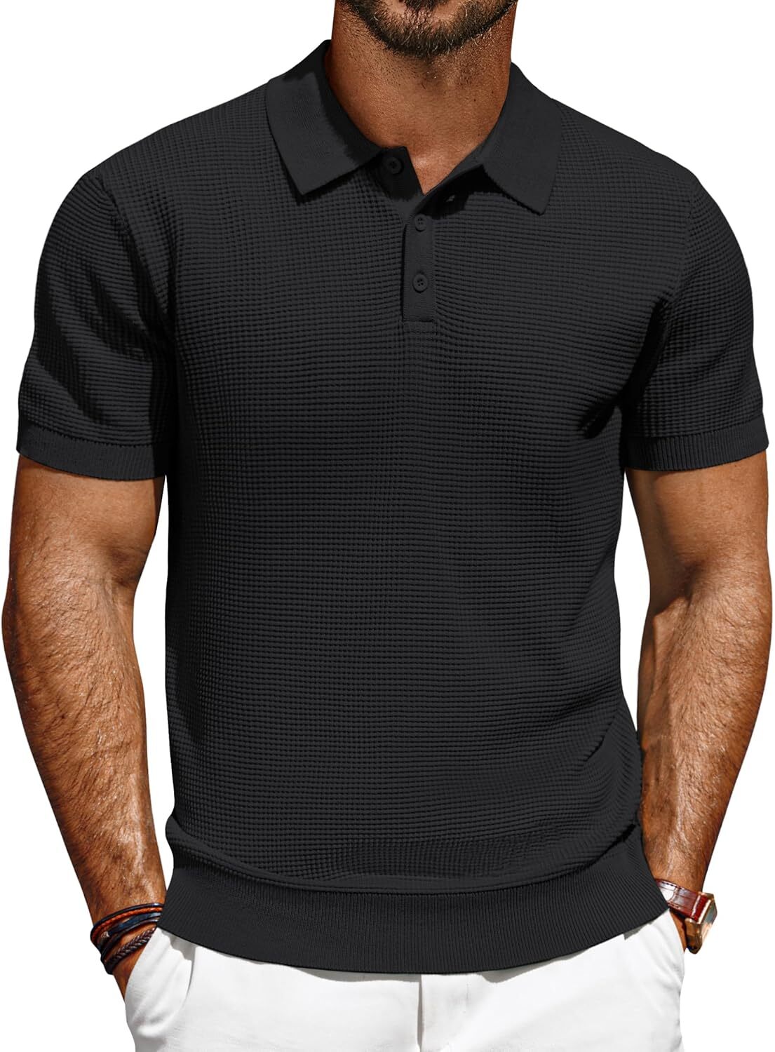 Men's Short Sleeve Polo Shirt Casual Golf Wear Lightweight Waffle Knit Fabric gallery