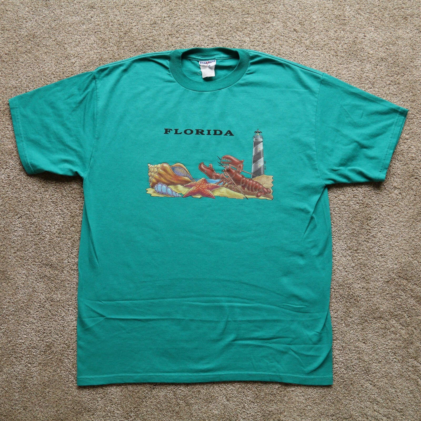 Vintage Florida Lobster Lighthouse T-Shirt Teal Green Jerzees Men’s Size L gallery