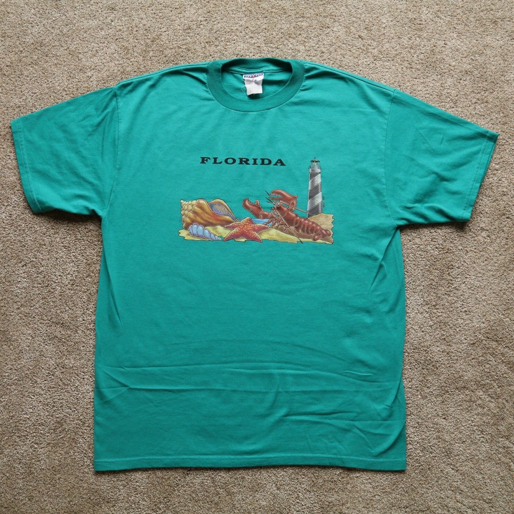 Vintage Florida Lobster Lighthouse T-Shirt Teal Green Jerzees Men’s Size L