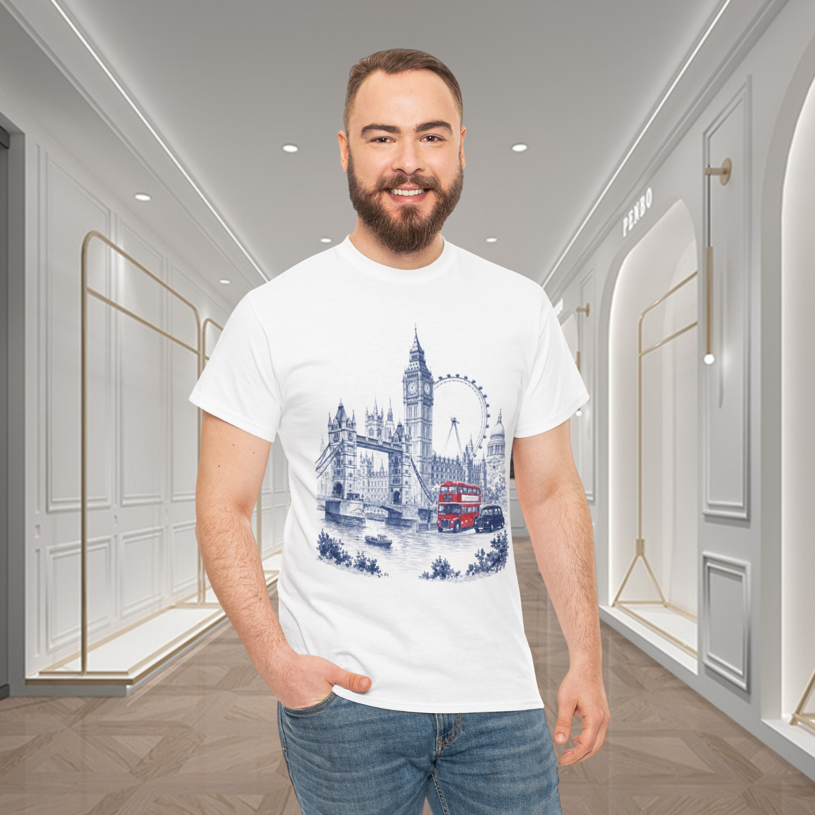 London Landmarks Big Ben Tower Bridge Red Bus Graphic T-Shirt gallery