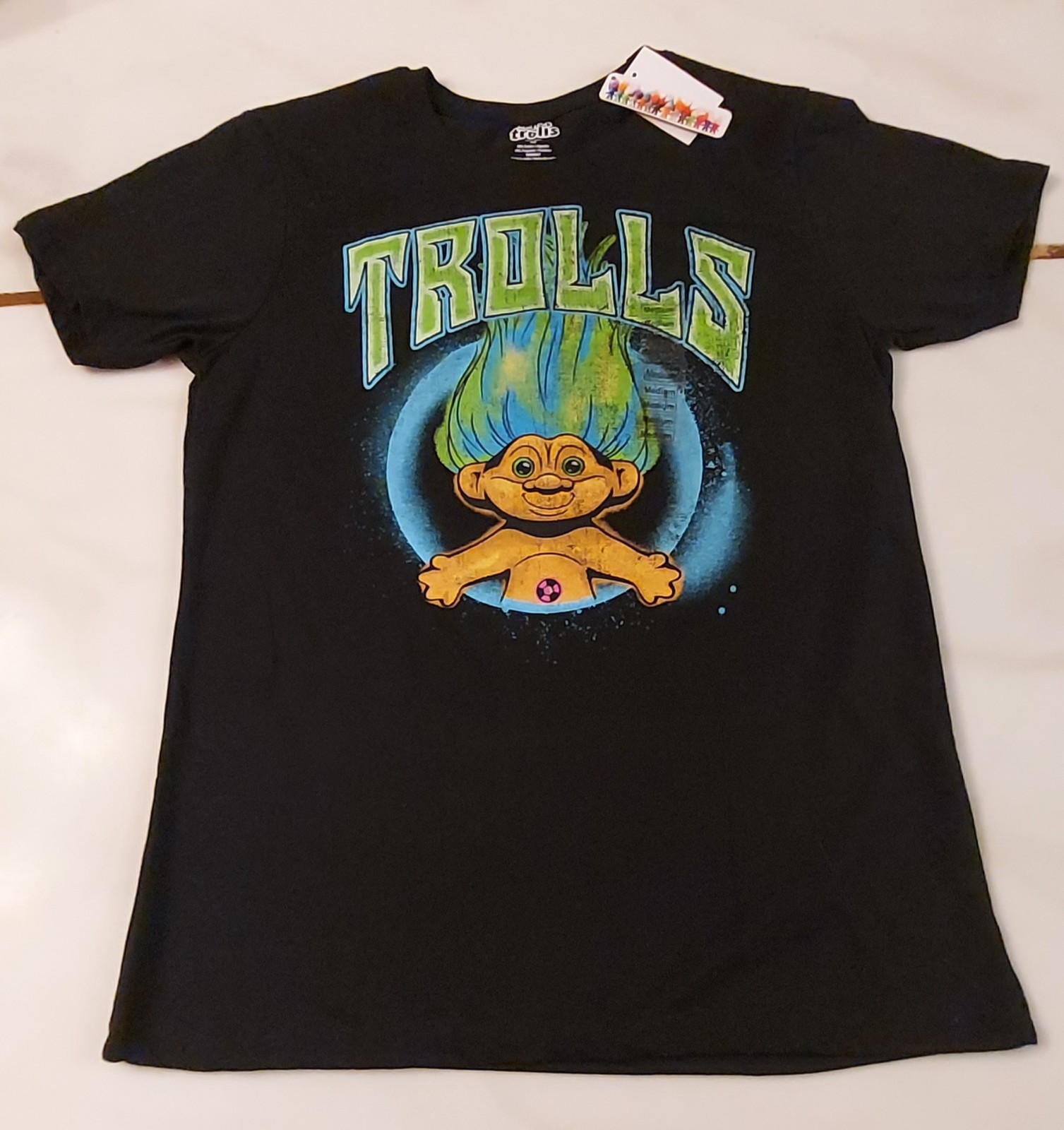 NWT VINTAGE STYLE TROLLS ADULT MEN'S MEDIUM GOOD LUCK DREAMWORKS BLACK T-SHIRT gallery