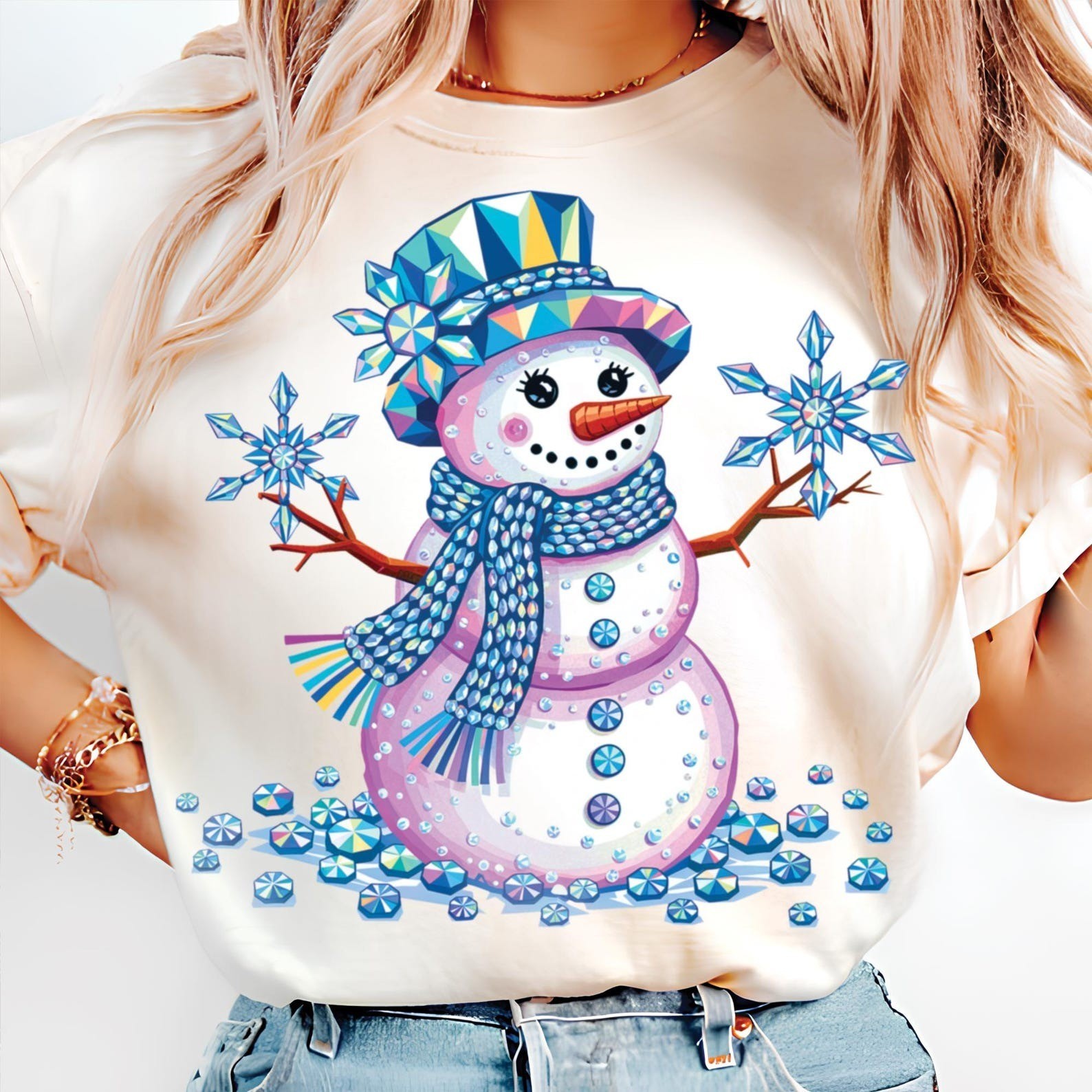 Rhinestone Snowman Shirt Merry Christmas Holiday Gift Lovers Tee