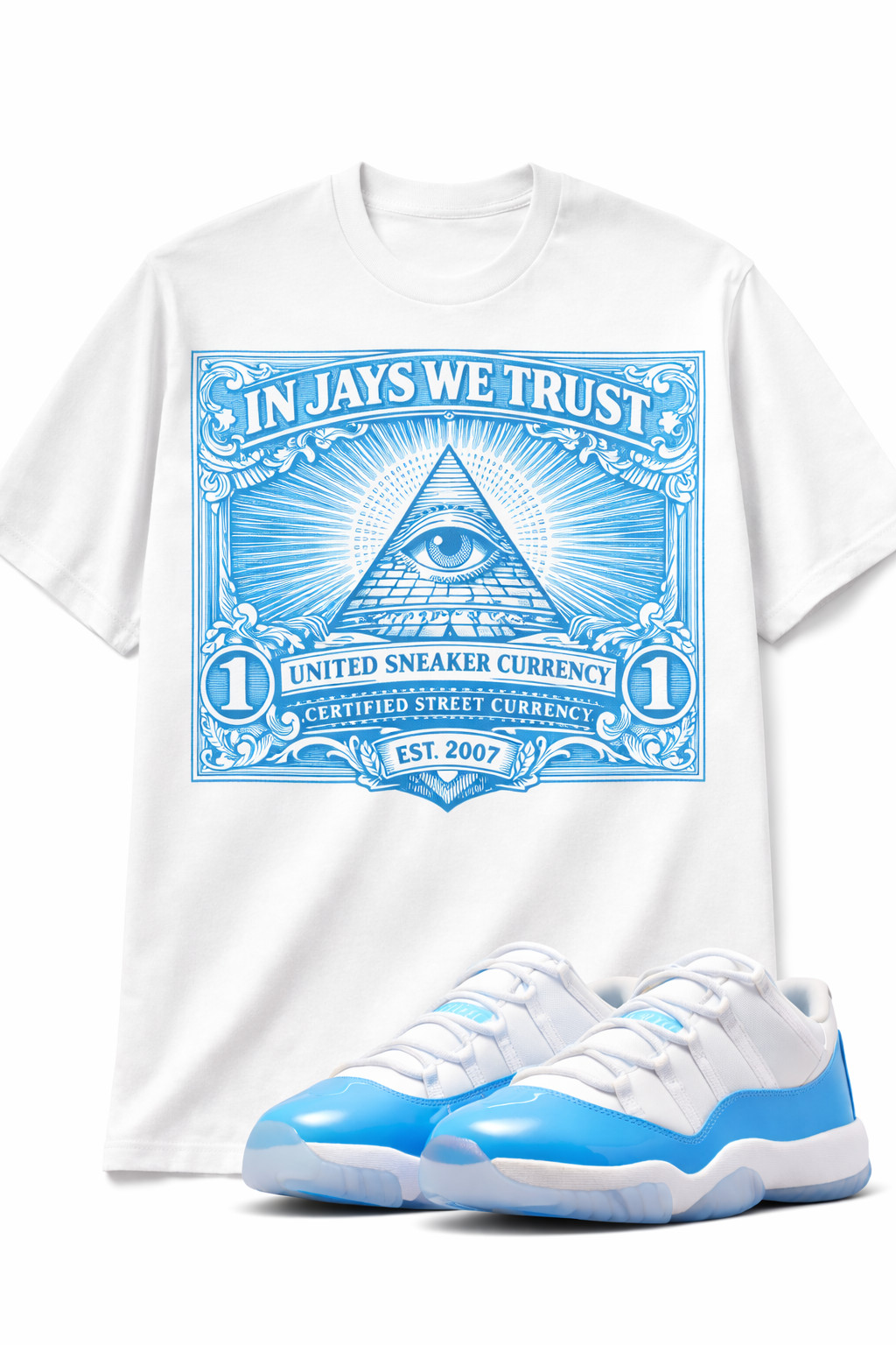 In Jays We Trust White Air Jordan 11 Low “UNC” Tee