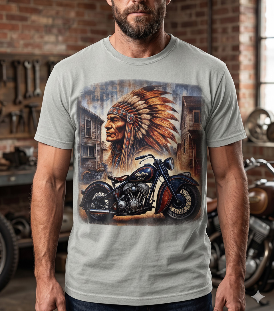 Vintage Indian Motorcycle T-Shirt Native American Chief Dark Blue Biker Tee gallery