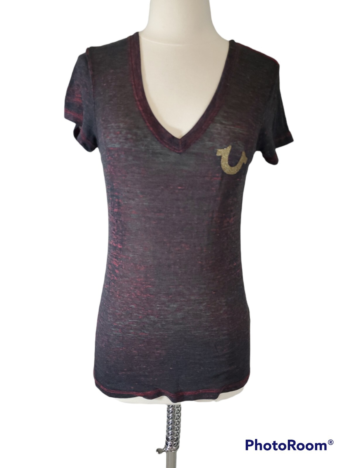 True Religion Womans Small Burn Out T Shirt Top Logo Short Sleeve Semi Sheer gallery