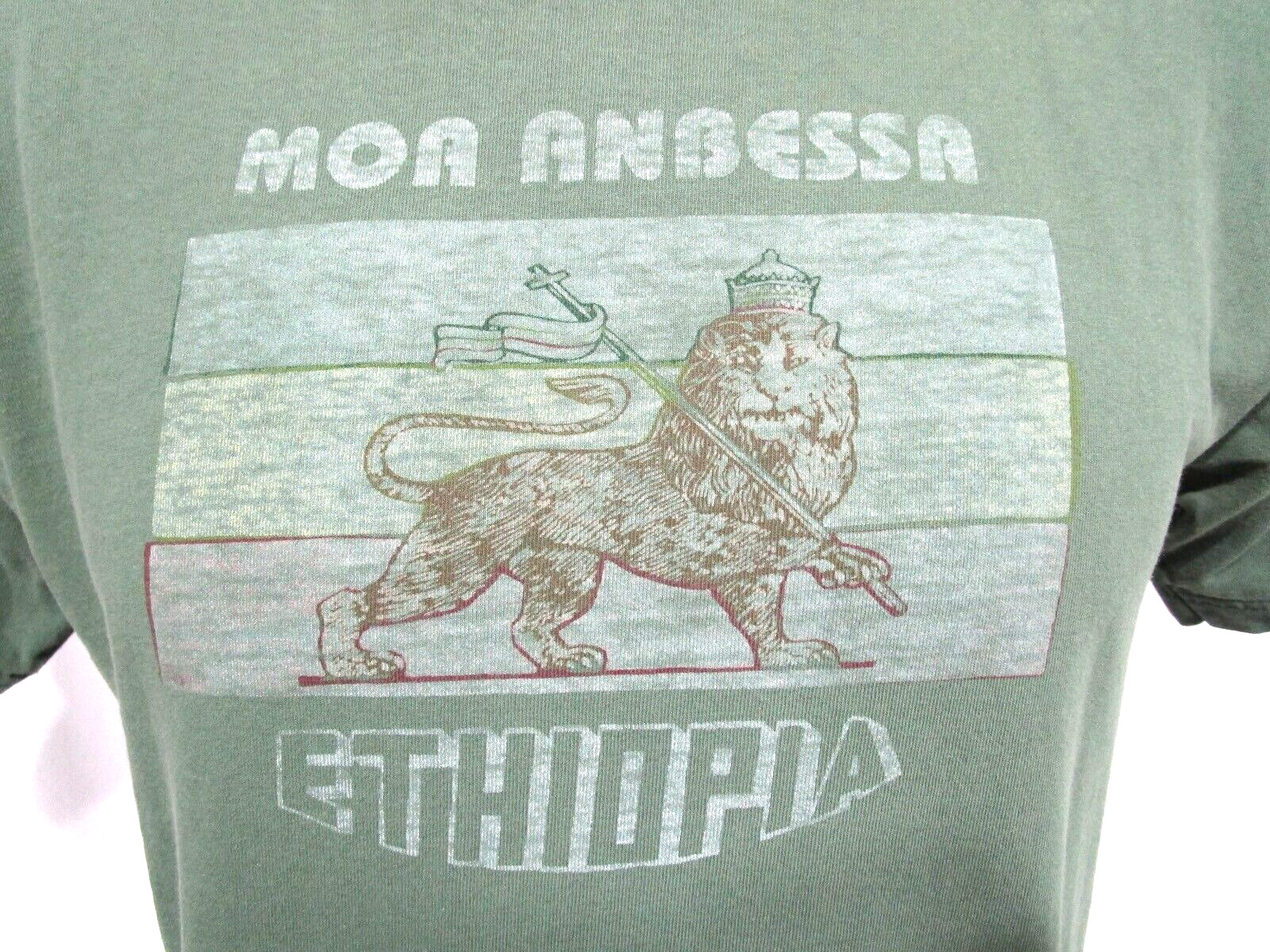 VTG 90s Moa Anbessa Ethiopia Flag of Emperors Lion Green T Shirt Men Sz M gallery