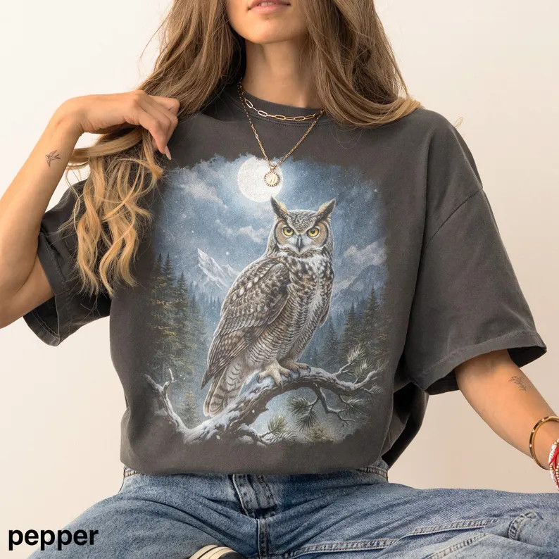Great Horned Owl Moon Mountain Wildlife Nature Bird Comfort Tee gallery