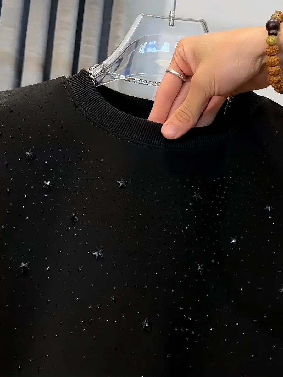 Men Fashion Luxury Trend Star Drills Rhinestone Diamond Black Streetwear T-Shirt gallery