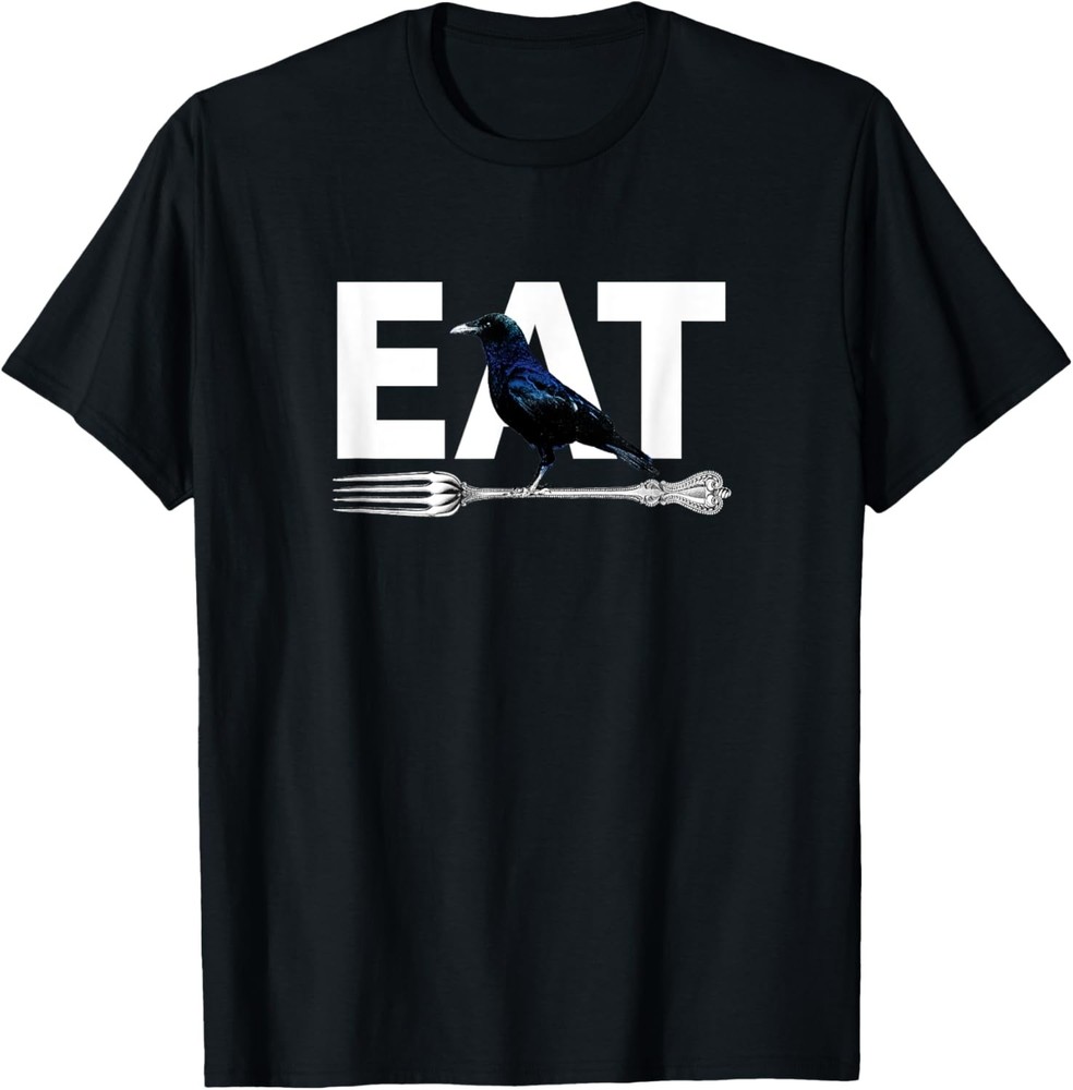 Eat Crow Humor | Black & Blue Crow & Silver Fork Funny Sorry T-Shirt