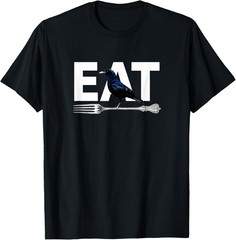Eat Crow Humor | Black & Blue Crow & Silver Fork Funny Sorry T-Shirt