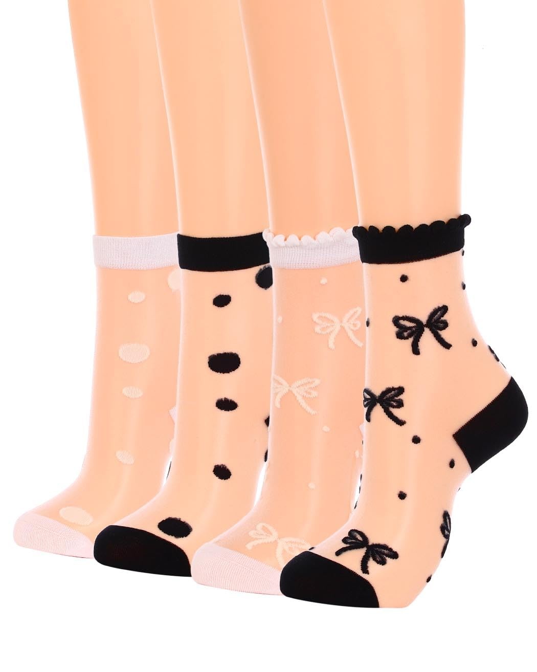 Women Sheer Ankle Socks Polka Dot And Bow Pattern 4 Pairs Black And White Mix