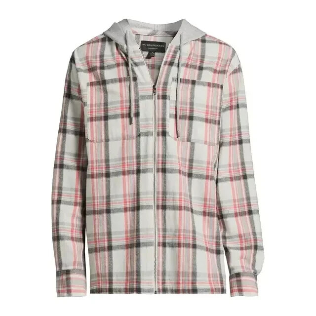 NWT No Boundaries Men’s S 34-36 Zip Hooded Gray Plaid Lightweight Flannel Shirt gallery
